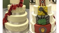 Ada dua tampilan untuk kue pernikahan yang satu ini. Sisi pertama yang memberikankesan romantis dengan desain juntaian mawar merah. Dan sisi lainnya dengan 4 logo karakter marvel. Foto: Istimewa