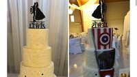 Kue yang satu ini unik. Terdapat empat tingkat yang masing-masing berlogo karakter marvel. Dan diatasnya ada hiasan siluet sang pengantin, dengan mempelai pria membawa tameng ala Captain Amerika. Foto: Istimewa