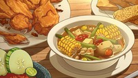 Ah, siapa yang nggak kangen masakan ibu di rumah kalau lihat ilustrasi sayur asem ini. Alfeus bahkan menjadikan tempe tahu goreng dan sambal cobek sebagai pelengkap. Nyam! Foto: Instagram harousel