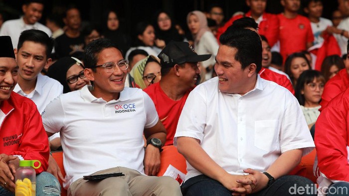 Sandiaga Uno dan Erick Thohir bertemu di acara Young Penting Indonesia, di Kemang, Jakarta, Sabtu (13/7/2019). Keduanya terlihat akrab dan optimis.
