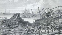 Topan Coringa tahun 1839 menghantam kota pelabuhan Coringa pada 25 November membuat gelombang badai setinggi 12 meter. Sekitar 20.000 kapal dan kehidupan sekitar 300.000 orang hancur. Istimewa/Kazuhiro Nogi/AFP/Getty Images.