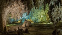 Dengan lebih dari 119 yang diketahui, Taman Nasional Carlsbad Caverns seperti negeri ajaib di atas permukaan padang pasir New Mexico. Pengunjung dapat berjelajah ke dalam dengan waktu yang lama di gua yang dibangun dari asam sulfat yang melarutkan batu kapur. Denita Delimont/Getty Images.