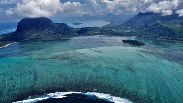 Aerial view of the underwater waterfall. Amazing Mauritius landscape