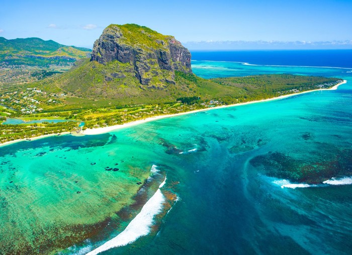 Aerial view of the underwater waterfall. Amazing Mauritius landscape