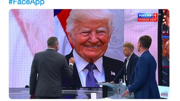 Wajah tua Donald Trump ditayangkan di televisi Rusia, tempat asal FaceApp. Foto: Twitter