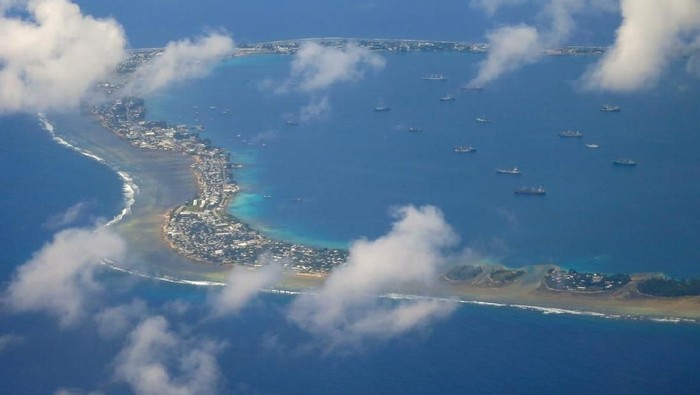 Majuro town centre aerial view, Central Business district, Marshall Islands, Micronesia, Oceania, South Pacific Ocean. Delap, Uliga, Djarrit villages. Azure turquoise atoll lagoon, blue tropical skies