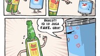 Jadi apanya yang palsu, nih? Susu kental manis memang kebanyakan gula, tapi kalau saus botolan? Foto: Instagram komik.grontol