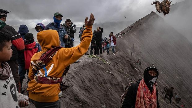 PROBOLINGGO, EAST JAVA, INDONESIA - JULY 18: Goats, caught by villagers, are tethered after being thrown as offerings by Tenggerese worshippers at the foot of Mount Bromo during the Yadnya Kasada Festival at crater of Mount Bromo on July 18, 2019 in Probolinggo, East Java, Indonesia. Tenggerese people are a Javanese ethnic group in Eastern Java who claimed to be the descendants of the Majapahit princes. Their population of roughly 500,000 is centered in the Bromo Tengger Semeru National Park in eastern Java. The most popular ceremony is the Kasada festival, which makes it the most visited tourist attraction in Indonesia. The festival is the main festival of the Tenggerese people and lasts about a month. On the fourteenth day, the Tenggerese made a journey to Mount Bromo to make offerings of rice, fruits, vegetables, flowers and livestock to throw them into the volcano's caldera. The origin of the festival lies in the 15th century princess named Roro, the principality of Tengger with her husband Joko Seger, and the childless couple asked mountain Gods for help in bearing children. The legend says the Gods granted them 24 children but on the provision that the 25th must be added to the volcano in sacrifice. The 25th child, Kesuma, was finally sacrificed in this initial after refusal, and the tradition of throwing sacrifices into the Caldera to appease the mountain Gods continues today. (Photo by Ulet Ifansasti / Getty Images)