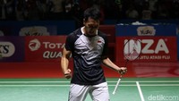 Ekspresi Mohammad Ahsan usai meraih kemenangan dan memastikan tiket final.