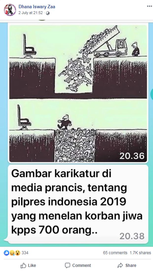 Screenshot postingan Facebook yang memuat hoax pemilu 2019