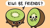 Tan Siqi mulai menjadi ilustator sejak 2017 lalu. Kali ini ungkapan ingin menjadi teman diungkapkan dengan buah kiwi untuk ungakapan can we yang bertuliskan kiwi be friends. Foto: Instagram @laughandbelly