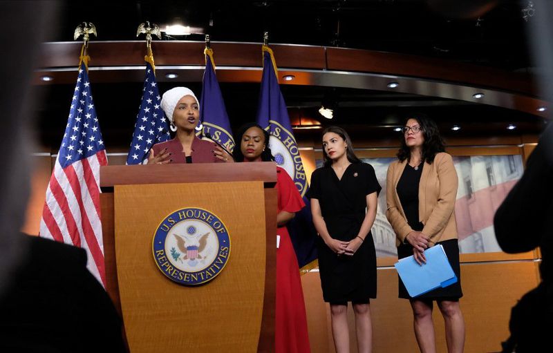 WASHINGTON, DC - JULY 15: U.S. Rep. Ilhan Omar (D-MN) speaks as Reps. Ayanna Pressley (D-MA), Alexandria Ocasio-Cortez (D-NY), and Rashida Tlaib (D-MI) listen during a press conference at the U.S. Capitol on July 15, 2019 in Washington, DC. President Donald Trump stepped up his attacks on four progressive Democratic congresswomen, saying if they're not happy in the United States 