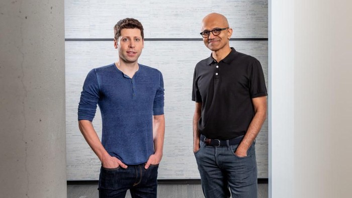 Microsoft CEO Satya Nadella and OpenAI CEO Sam Altman at the Microsoft campus in Redmond, Wash. on July 15, 2019. (Photography by Scott Eklund/Red Box Pictures)