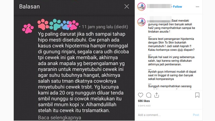 Contoh unggahan yang membahas cerita pendaki disetubuhi untuk cegah hipotermia. (Foto: Tangkapan layar Instagram) Contoh unggahan yang membahas cerita pendaki disetubuhi untuk cegah hipotermia. (Foto: Tangkapan layar Instagram)