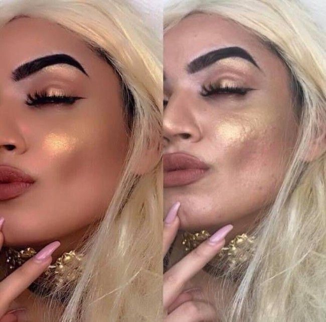 Sungguh berbeda foto before after wanita yang memakai makeup tebal ini. Wajahnya yang berpori-pori besar berubah jadi mulus seketika. Foto: Dok. Twitter, Instagram