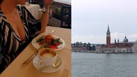 Nah, kalau ini pose seru kulineran Kiki di Venesia, Italia. Sepertinya ia sedang menikmati salad dan jus buah. Foto: Instagram qq_fatmala