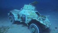 Kendaraan militer mulai dari tank, kendaraan pengangkut pasukan, dan helikopter ditempatkan di kawasan terumbu karang di Laut Merah dengan bentuk formasi layaknya sebuah pertempuran. Aqaba Special Economic Zone Authority/Handout via Reuters.