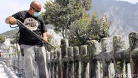 Petugas berjibaku membersihkan sisa abu vulkanik Gunung Tangkuban Perahu.