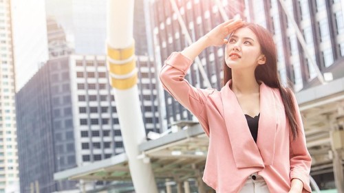 Asian office women skin damage from sun UV city air pollution concept