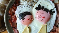 Wanita di balik akun @etn.co_mam ini punya kreativitas yang tinggi. Ia bisa menyulap telur ceplok menjadi beberapa karakter kartun menggemaskan. Foto: Instagram etn.co_mam