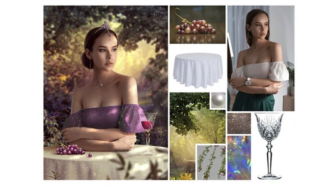 Melalui kreativitas Viktoria Solidarnyh, foto wanita berbaju putih dan celana hijau yang simpel ini berubah drastis setelah diedit dan digabung dengan foto gelas, anggur dan meja bertaplak putih. Foto: Dok. BoredPanda/Instagram @viktoriasolidarnyh