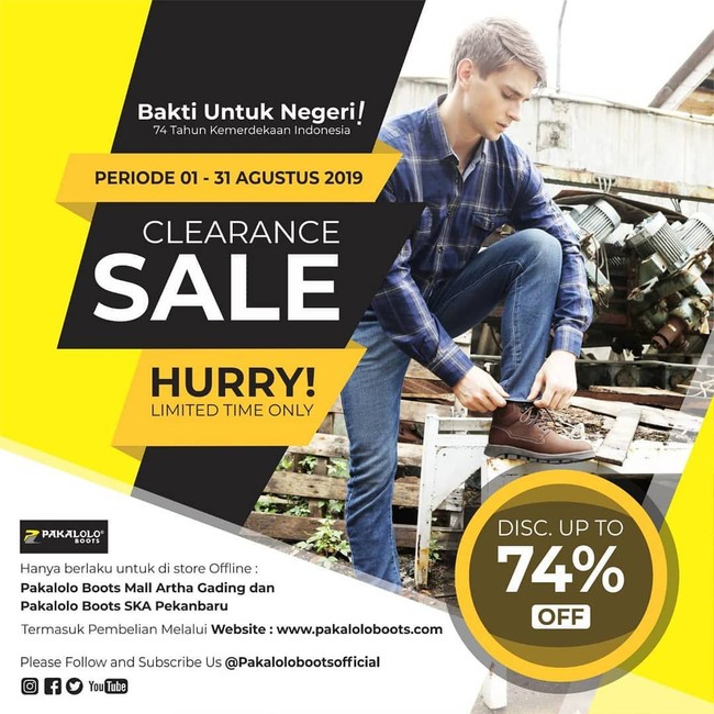 Brand lokal lain yang tengah menghadirkan promo adalah Pakalo Boots. Anda yang membutuhkan sepatu boot pria baru bisa menemukan pilihan yang susut harga hingga 74%. Penawaran tersebut dapat ditemukan di Mall Artha Gading atau situs resminya. Foto: Twitter