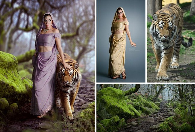 Viktoria Solidarnyh menggabungkan foto harimau, bebatuan berlumut dan seorang wanita memakai baju sari khas India. Hasilnya? Sang wanita jadi berpose seperti bersahabat dengan harimau di tengah hutan. Foto: Dok. BoredPanda/Instagram @viktoriasolidarnyh