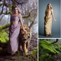 Viktoria Solidarnyh menggabungkan foto harimau, bebatuan berlumut dan seorang wanita memakai baju sari khas India. Hasilnya? Sang wanita jadi berpose seperti bersahabat dengan harimau di tengah hutan. Foto: Dok. BoredPanda/Instagram @viktoriasolidarnyh