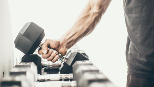 Dumbbell punya pegangan lebih pendek, umumnya cukup digenggam dengan satu tangan.
