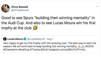Senang Spurs membangun mental juara mereka di Audi Cup. Dan juga melihat Moura menang trofi pertamanya, Foto: Twitter