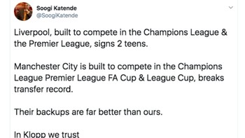 Liverpool yang berkompetisi di Liga CHampions dan Liga Inggris menggaet dua remaja. Manchester City memecahkan rekor transfer, sebut netizen ini yang merasa cemas Liverpool akan tertinggal dari City musim ini. Foto: istimewa