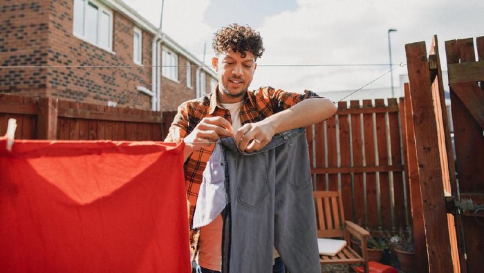 Cloths are hanging on clothesline