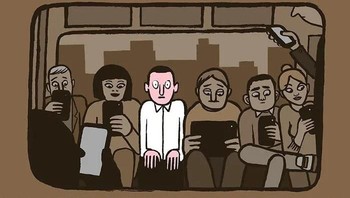 Namun tanpa disadari teknologi telah mengisolasi pengguna dari mereka yang berada tepat di sebelahnya. Foto: Jean Jullien