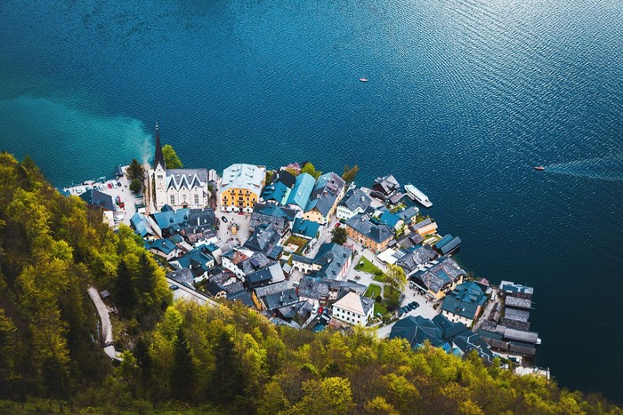 Ferry boat by the lakeside village of Hallstatt, Austria.