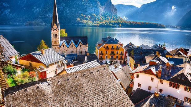 Ferry boat by the lakeside village of Hallstatt, Austria.
