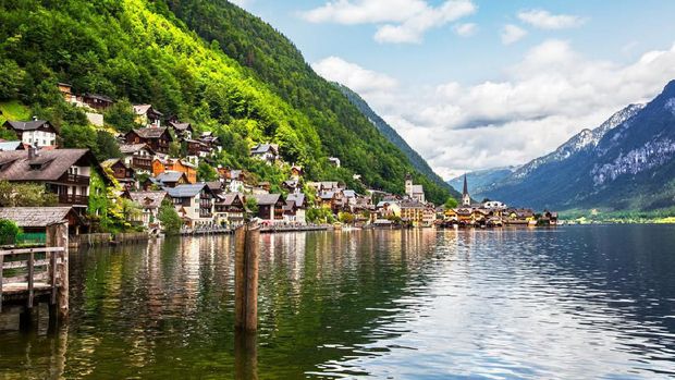 Ferry boat by the lakeside village of Hallstatt, Austria.