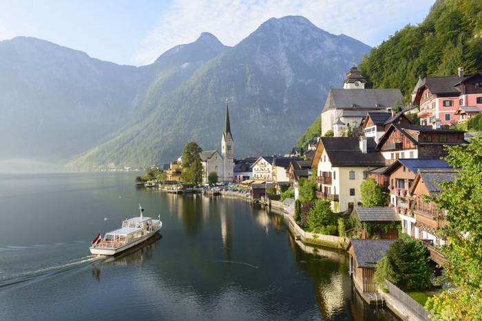 Ferry boat by the lakeside village of Hallstatt, Austria.