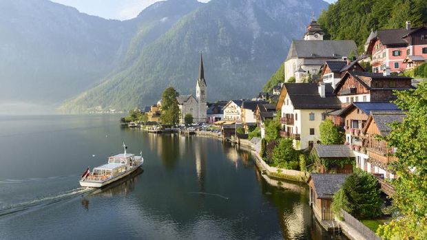 Ferry boat by the lakeside village of Hallstatt, Austria.