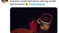 Kompak menggunakan hastag matilampulagi, ratusan netizen pengguna twitter ramai-ramai curhat. Banyak aktivitas terganggu, termasuk urusan kulineran. Salah satunya netizen yang harus candle light dinner dan breakfast. Foto: twitter