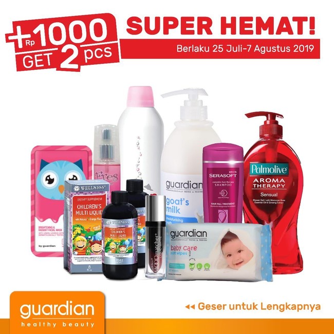 Anda pun bisa mengunjungi Guardian untuk mendapatkan potongan harga. Hingga hari ini, Anda bisa mendapatkan dua produk dari berbagai brand hanya dengan menambah Rp 1,000. Misalnya saja Facial Spray Evian,  Pallete Eyeshadow Mizzu, hingga Shower Pump Palmolive. Foto: Twitter