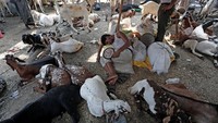 Seorang penjual tampak tertidur di lapak dagangan hewan kurban. REUTERS/Adnan Abidi.