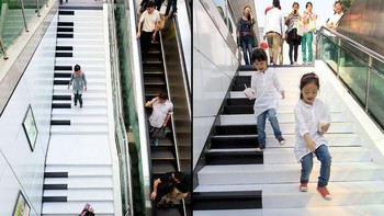 Tangga Piano Musik di Wulin Plaza, Hangzhou, China. Kalian bisa memainkan memutar lagu favorit dengan menginjak tangga ini. Foto: via Brainberries.