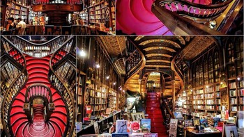 Tangga Merah di Livraria Lello, Porto, Portugal. Tangga berwaran merah tua ini terlihat seperti dua sungai bergabung menjadi satu. Foto: via Brainberries