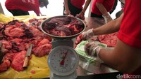 Daging yang sudah dipotong kecil-kecil ditimbang. Setelah itu dimasukkan ke besek untuk didistribusikan.