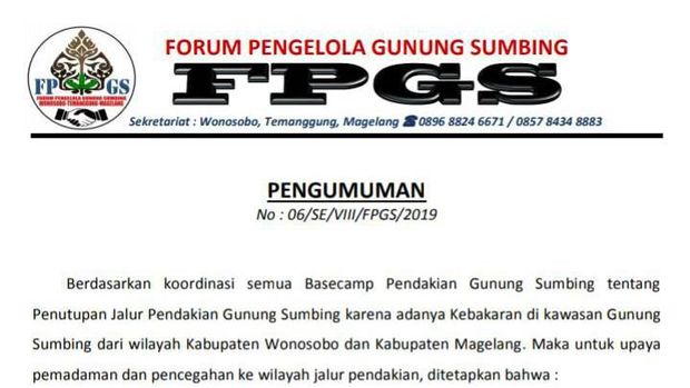 Penutupan jalur pendakian Gunung Sumbing, Wonosobo. 