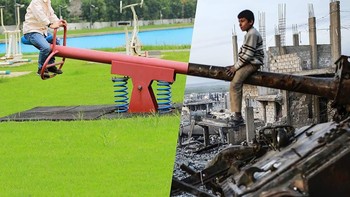 Bocah Suriah itu duduk di tank yang hancur di Suriah pada 2015. Foto: Uğur Gallenkuş