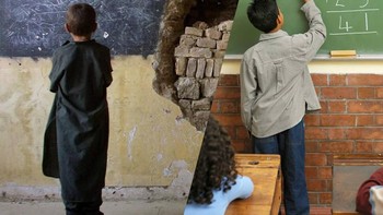 Seorang anak Afganistan berdiri di dalam reruntuhan SMA Habibia yang hancur namun masih difungsikan untuk belajar mengajar. Foto: Uğur Gallenkuş