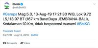 BMKG: Gempa Bumi M 5,0 Guncang Bali, Tidak Berpotensi Tsunami