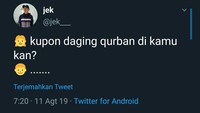 Cuitan ini dibuat berdasarkan imajinasi netizen saja, jadi jangan cepat-cepat dianggap serius. Cowok biasanya paling pelupa kalau menyimpan kertas nih, termasuk kupon daging kurban.  Foto: istimewa/twitter