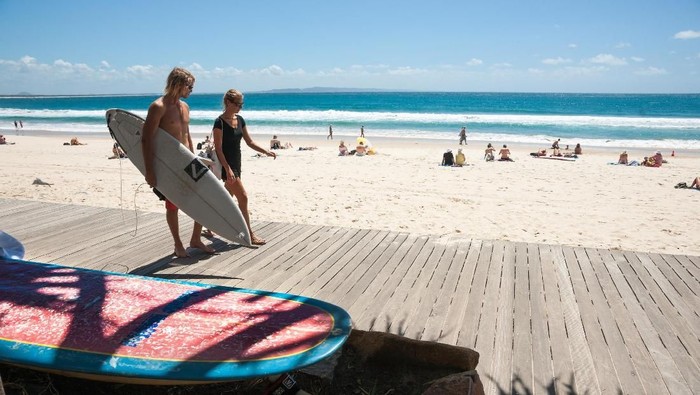 View over Sunshine Beach south of Noosa, QLD, with people.